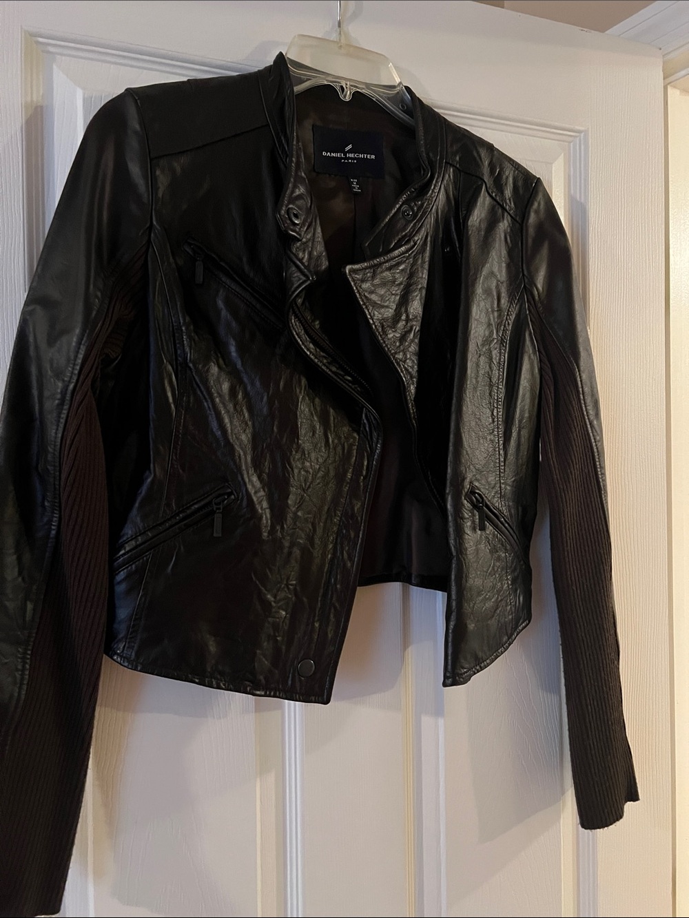 Daniel Hechter Brown Leather Biker Jacket with Ribbed Knit Sleeves